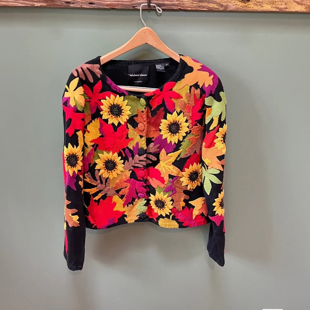 Michael Simon Fall Leaves Sunflower Knit Cardigan M Autumnal Sweater - Picture 1 of 4